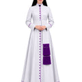 A woman modeling a White Clergy Cassock With Purple Trim, purple buttons, and a purple pleated front detail, shown against a plain white background.
