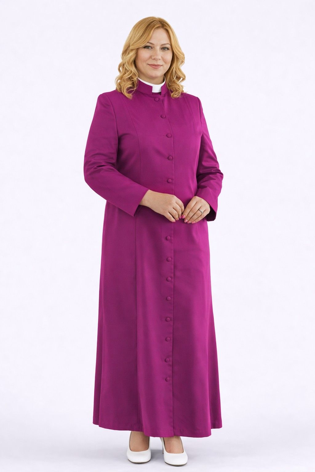 Woman wearing a long purple robe on a white background