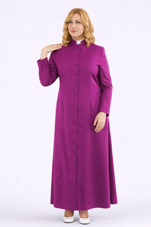 Woman wearing a long purple robe with a high collar on a white background