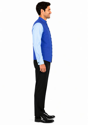 Man wearing a blue vest with a light blue shirt on a white background