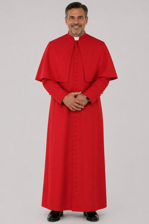 Man wearing a red religious robe on a gray background
