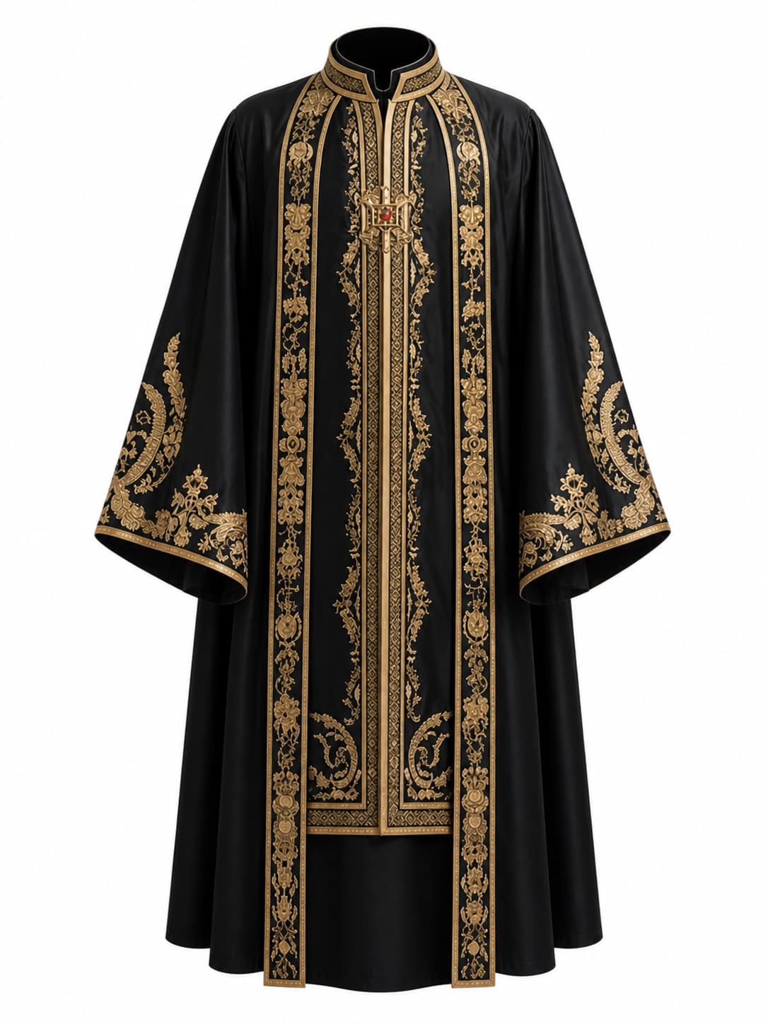 Black robe with gold embroidery on a white background