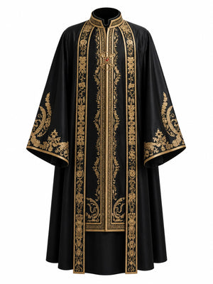 Black robe with gold embroidery on a white background