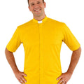 Man wearing a yellow clerical shirt on a white background
