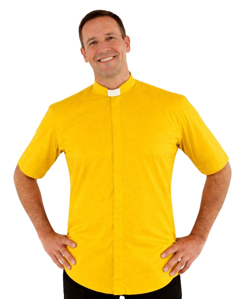 Man wearing a yellow clerical shirt on a white background