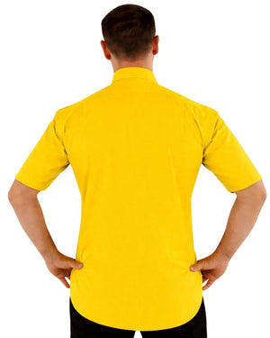 Man wearing a yellow clerical shirt on a white background