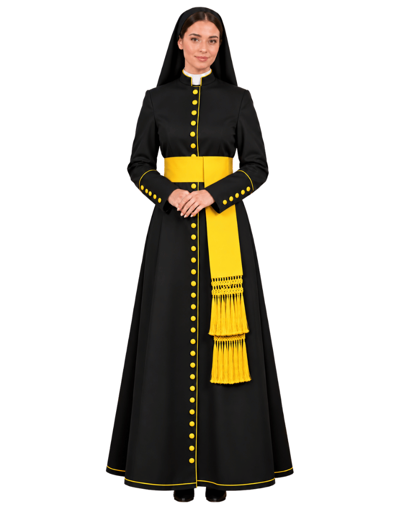 A woman modeling a Golden Grace Roman Cassock and yellow decorative tassels, styled like a nun's habit, against a plain white background.