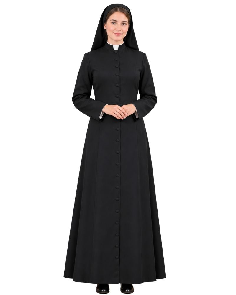 A woman modeling a Grace Black Clerical Cassock with a high collar, front button closure, and a matching black veil, shown against a plain white background.