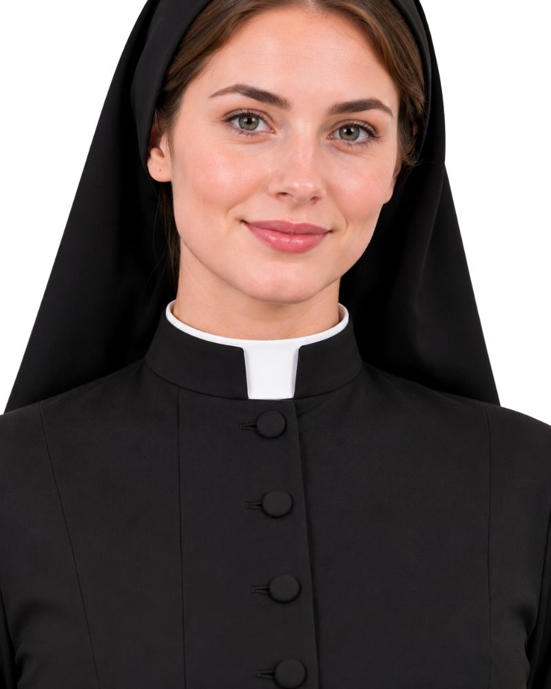 A woman wearing a Grace Black Clerical Cassock with a white collar, shown from the chest up against a plain white background.
