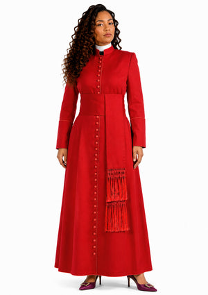 Woman wearing a red cassock with a matching scarf on a white background