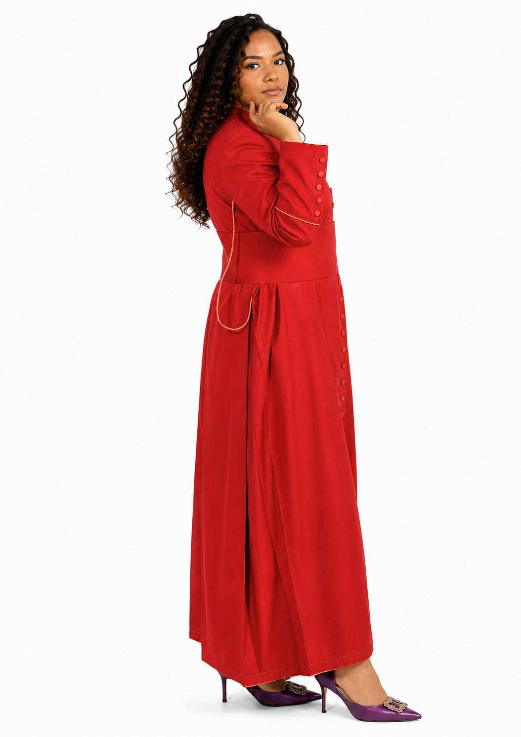 Woman wearing a red cassock with a white background