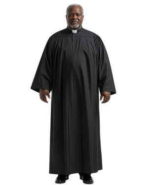Man wearing a black robe on a white background.