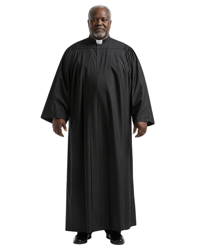 Man wearing a black robe on a white background.