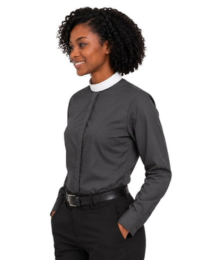 A woman wearing a dark gray long-sleeve collared shirt with a white inner collar, paired with black pants and a black belt, shown against a plain white background.