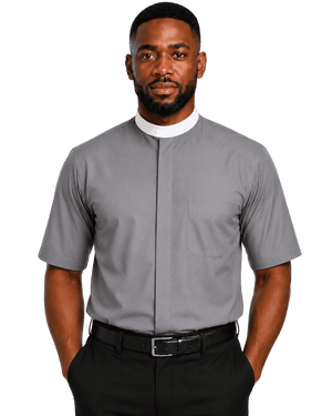 A man wearing a gray short-sleeve clerical shirt with a white collar, paired with black trousers and a black belt, against a plain white background.