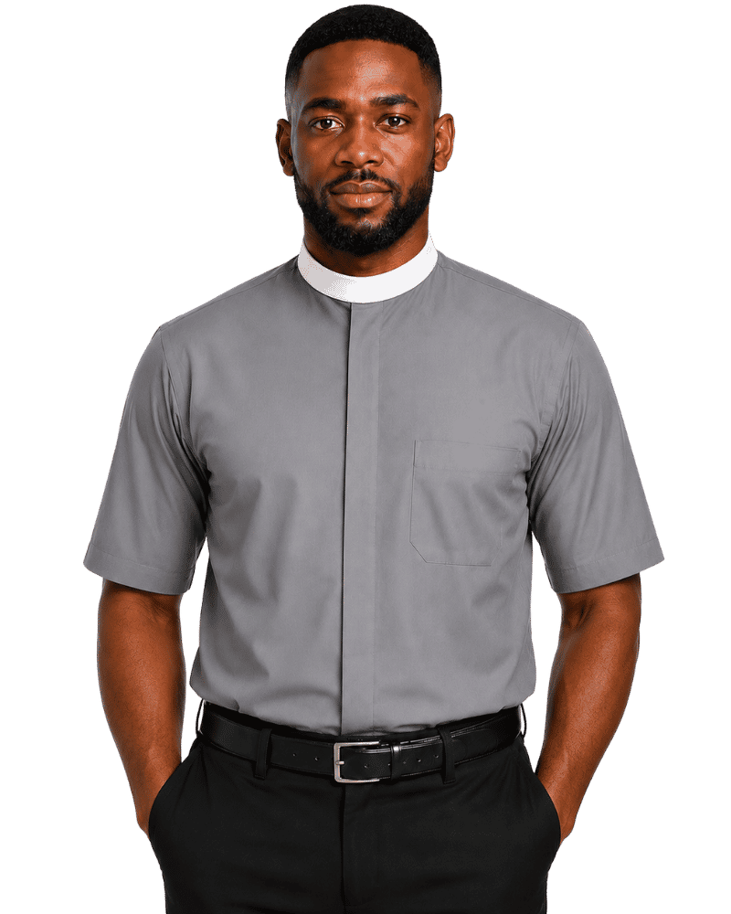 A man wearing a gray short-sleeve clerical shirt with a white collar, paired with black trousers and a black belt, against a plain white background.
