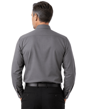 A man viewed from the back wearing a dark gray long-sleeve clerical shirt, black trousers, and a black belt against a plain white background.