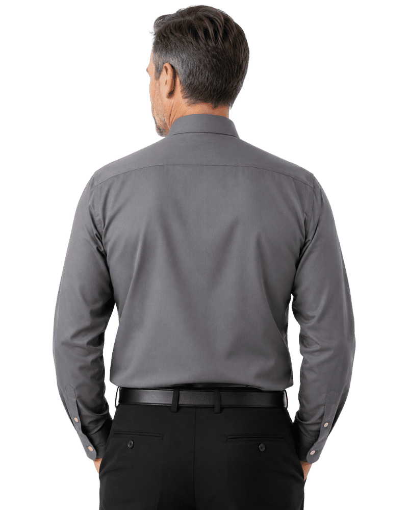 A man viewed from the back wearing a dark gray long-sleeve clerical shirt, black trousers, and a black belt against a plain white background.