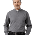 A man wearing a long-sleeve gray clerical shirt with a white collar, paired with black trousers and a black belt, shown against a plain white background.