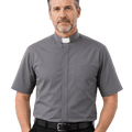 A man wearing a gray short-sleeve clerical shirt with a white collar tab, paired with black pants and a black belt, photographed against a plain white background.