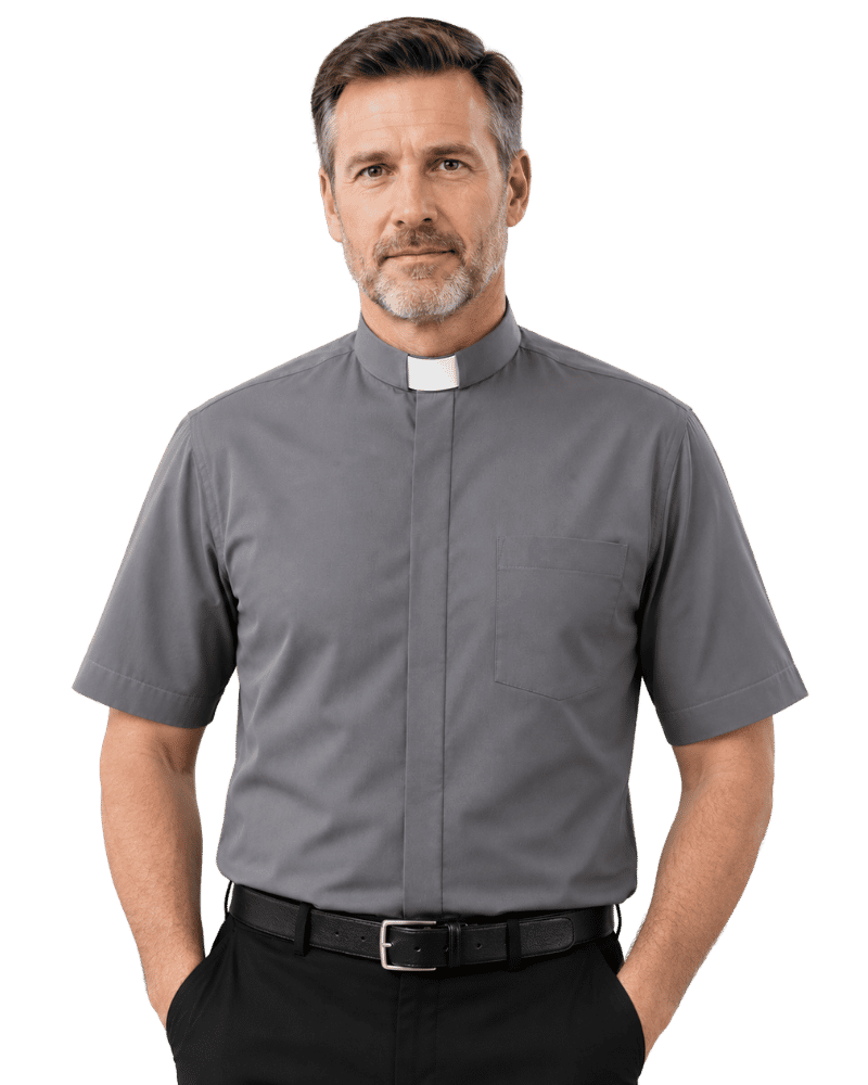 A man wearing a gray short-sleeve clerical shirt with a white collar tab, paired with black pants and a black belt, photographed against a plain white background.