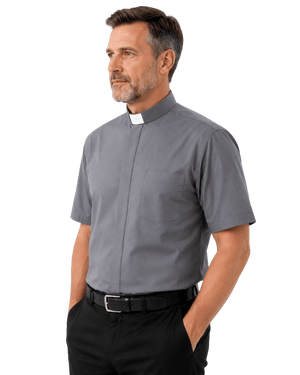 A man wearing a gray short-sleeve clerical shirt with a white collar, paired with black trousers and a black belt, shown against a plain white background.