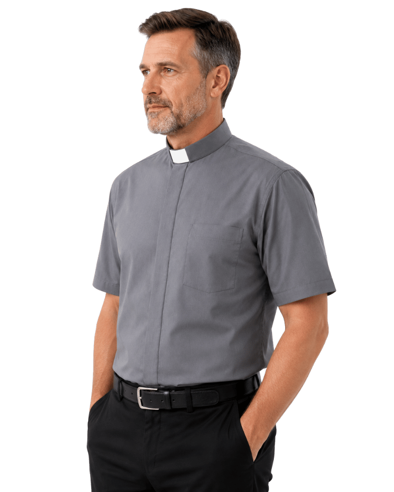 A man wearing a gray short-sleeve clerical shirt with a white collar, paired with black trousers and a black belt, shown against a plain white background.