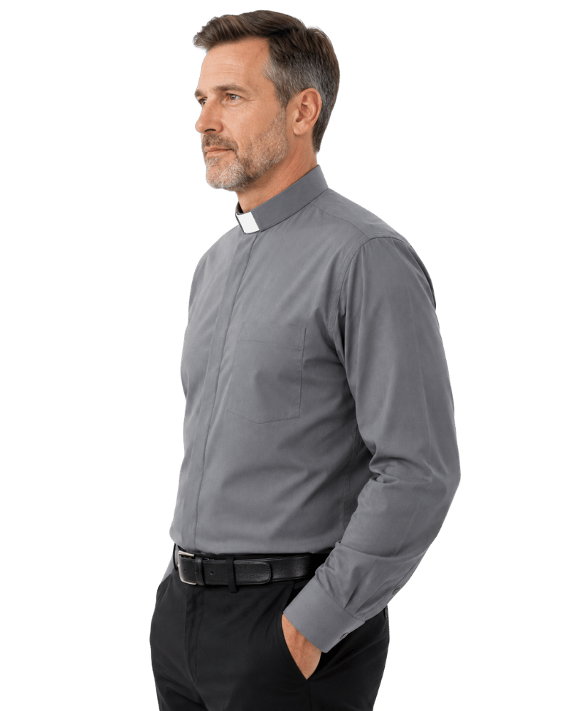 A man in profile wearing a long-sleeve gray clerical shirt with a white clerical collar, paired with black trousers and a black belt, against a plain white background.