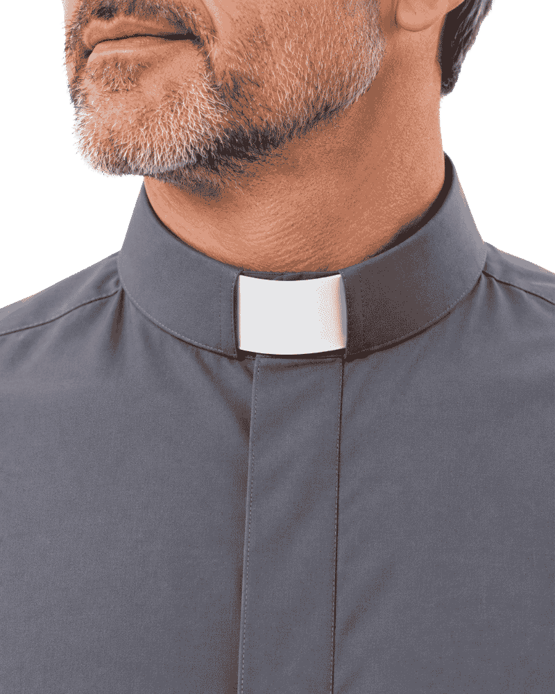 Close-up of a man wearing a dark gray clerical shirt with a white collar tab, shown against a plain white background.