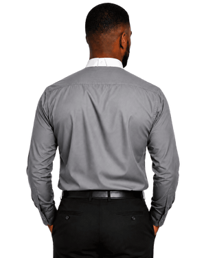 A man viewed from the back wearing a gray long-sleeve clerical shirt, black trousers, and a black belt against a plain white background.