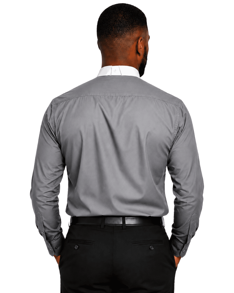 A man viewed from the back wearing a gray long-sleeve clerical shirt, black trousers, and a black belt against a plain white background.