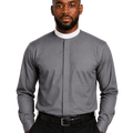 A man wearing a gray long-sleeve clerical shirt with a chest pocket, paired with black trousers and a black belt, photographed against a plain white background.