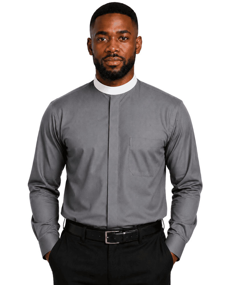 A man wearing a gray long-sleeve clerical shirt with a chest pocket, paired with black trousers and a black belt, photographed against a plain white background.