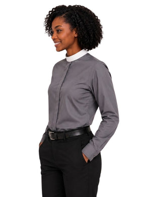 A woman wearing a fitted long-sleeve gray clerical shirt with a contrasting white crew neck, paired with black pants and a black belt, shown against a plain white background.