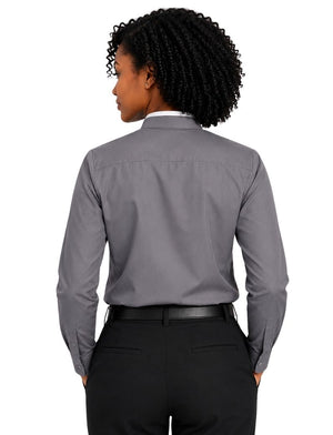 A woman shown from the back wearing a gray long-sleeve clerical shirt tucked into black trousers with a black belt, against a plain white background.