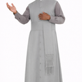Man wearing a gray liturgical vestment with a stole on a white background