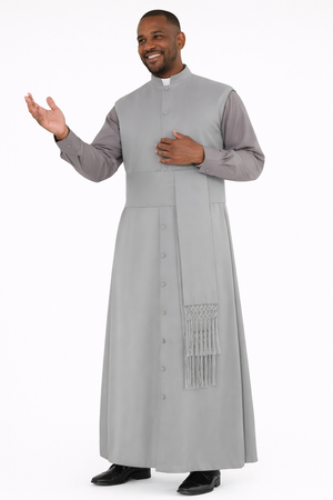 Man wearing a gray liturgical vestment with a stole on a white background