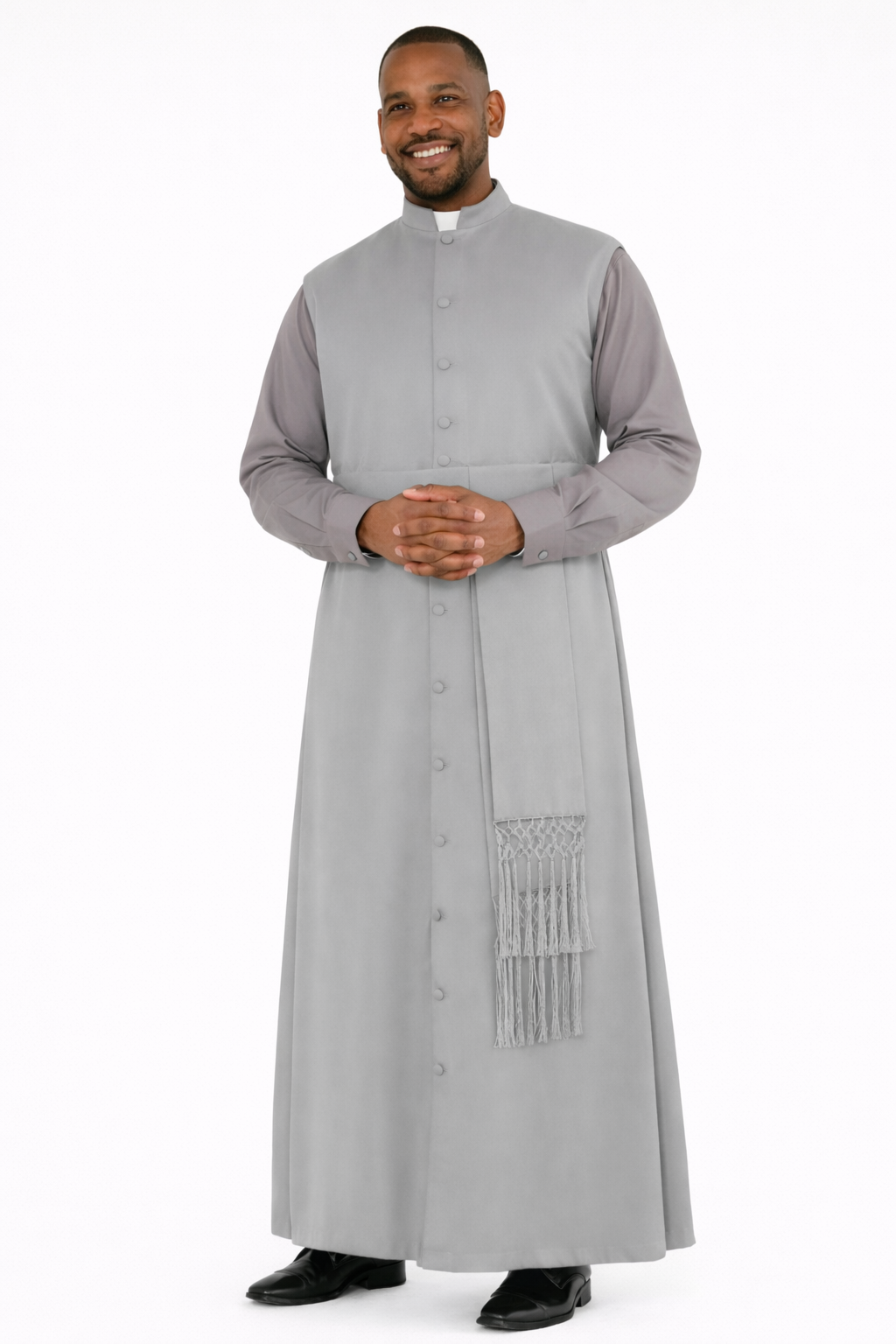 Man wearing a gray robe on a white background