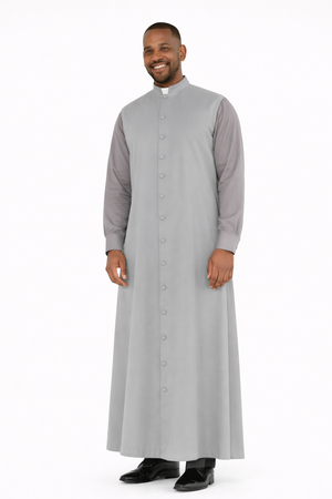 Man wearing a long gray robe with a white background