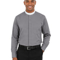 Man wearing a gray long-sleeve shirt with a white collar on a white background