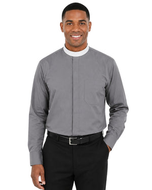 Man wearing a gray long-sleeve shirt with a white collar on a white background