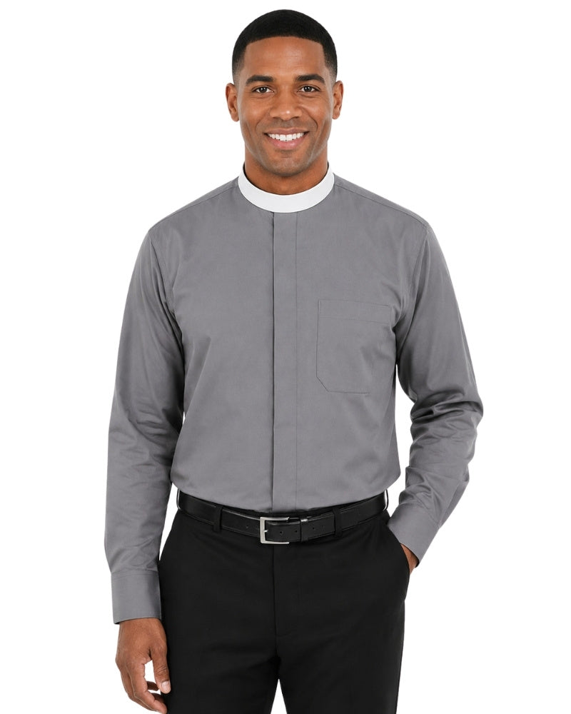Man wearing a gray long-sleeve shirt with a white collar on a white background