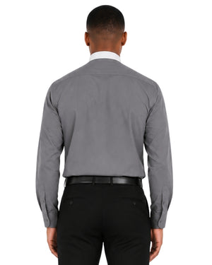 Man wearing a gray long-sleeve shirt with a white collar on a white background