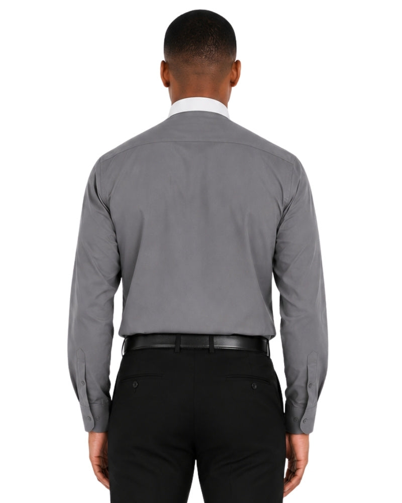 Man wearing a gray long-sleeve shirt with a white collar on a white background