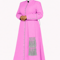 Women wearing a pink robe with a white background
