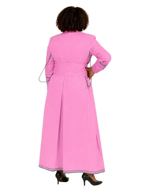 A woman viewed from the back wearing a long pink cassock with long sleeves, a waist tie, and black high heels against a plain white background.