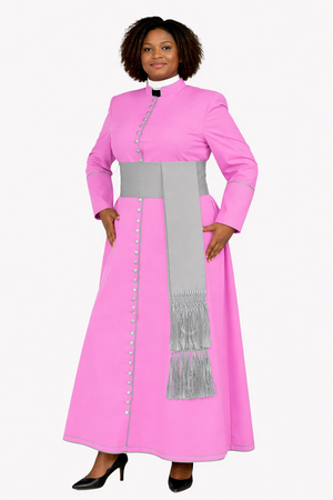 Women wearing a pink outfit with a gray belt and fringe on a white background