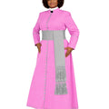 A woman modeling a pink long-sleeve cassock with a wide gray waist sash and a matching gray fringed scarf, paired with black heels against a plain white background.
