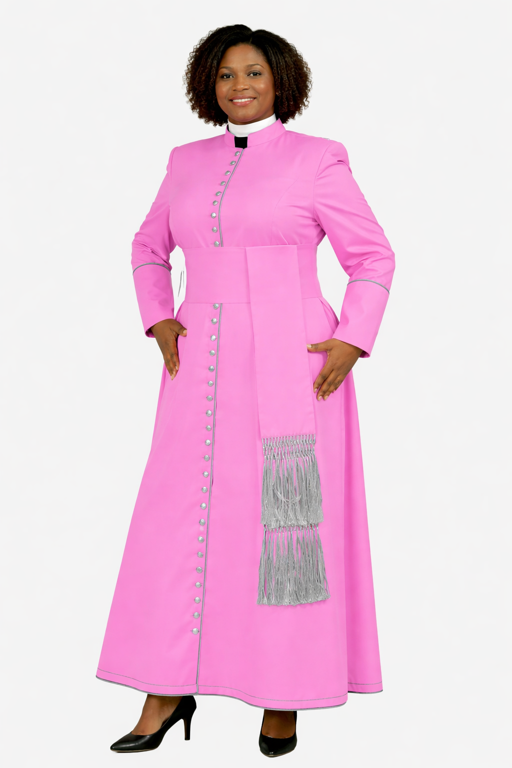Woman wearing a pink robe with on a white background