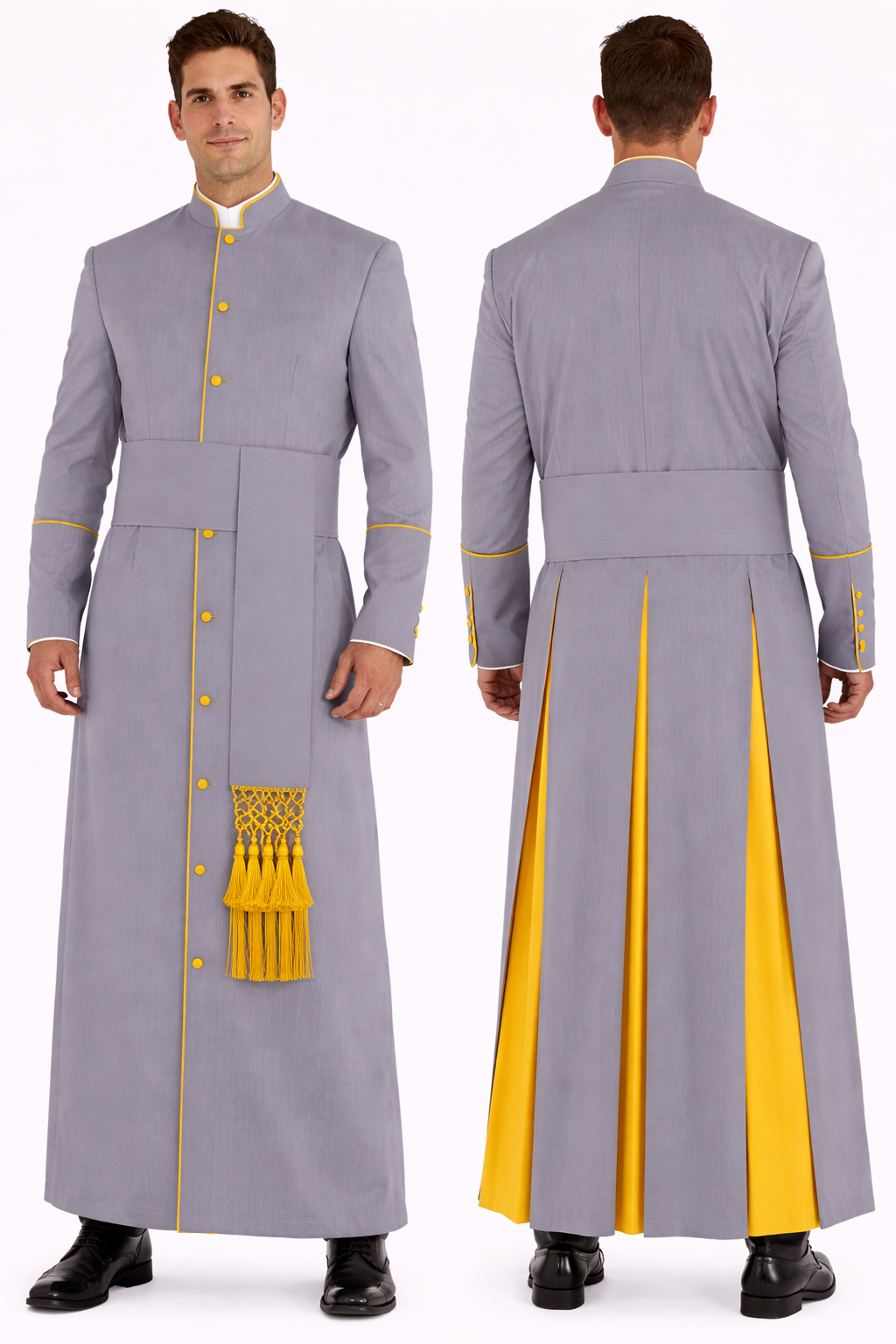 Gray robe with yellow accents worn by a model on a white background